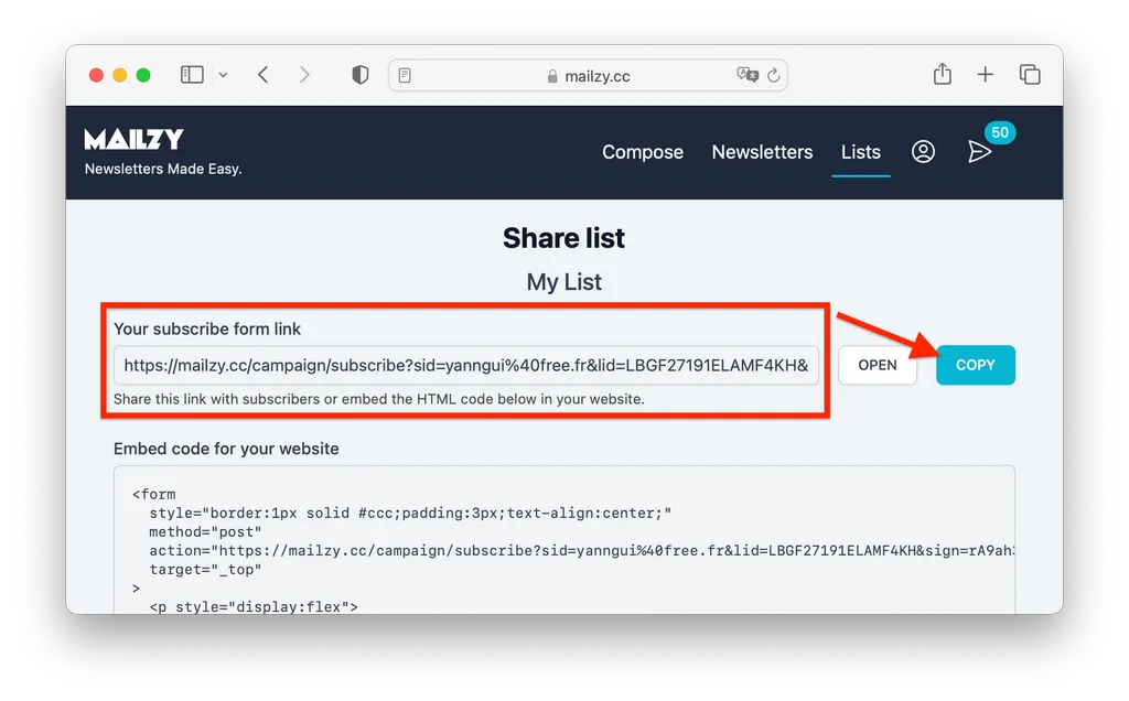 Copy the sharing link of a Mailzy mailing list