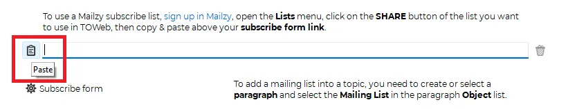 Use the sharing link of a Mailzy mailing list in TOWeb