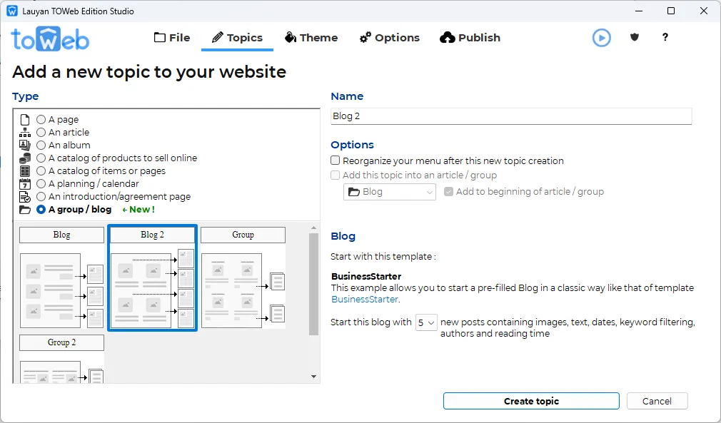 blog creation with TOWeb