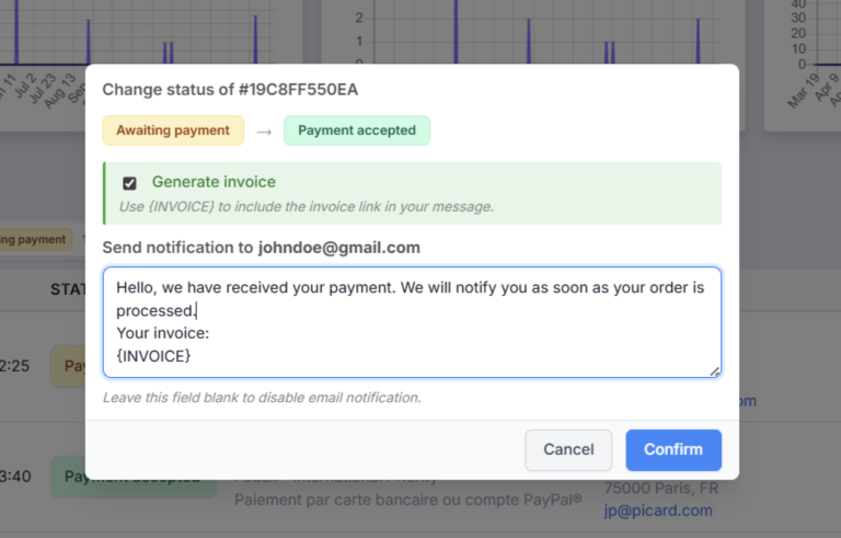order change of status from the back office TOWeb backoffice