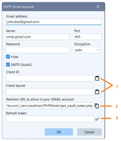 SMTP OAUTH2 GMAIL configuration in TOWeb