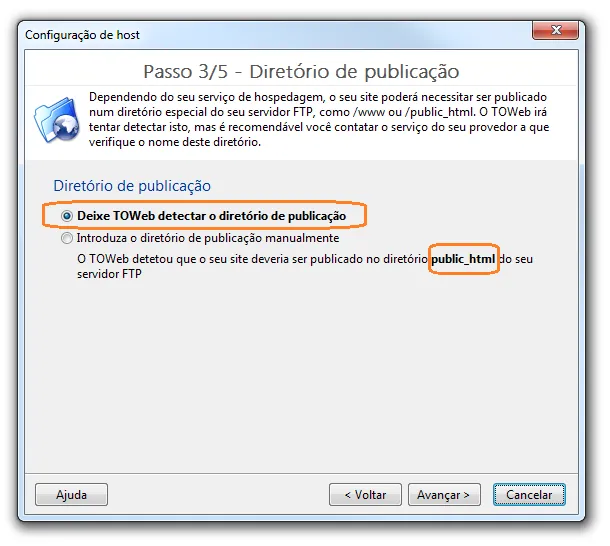 TOWeb Diretório de publicação