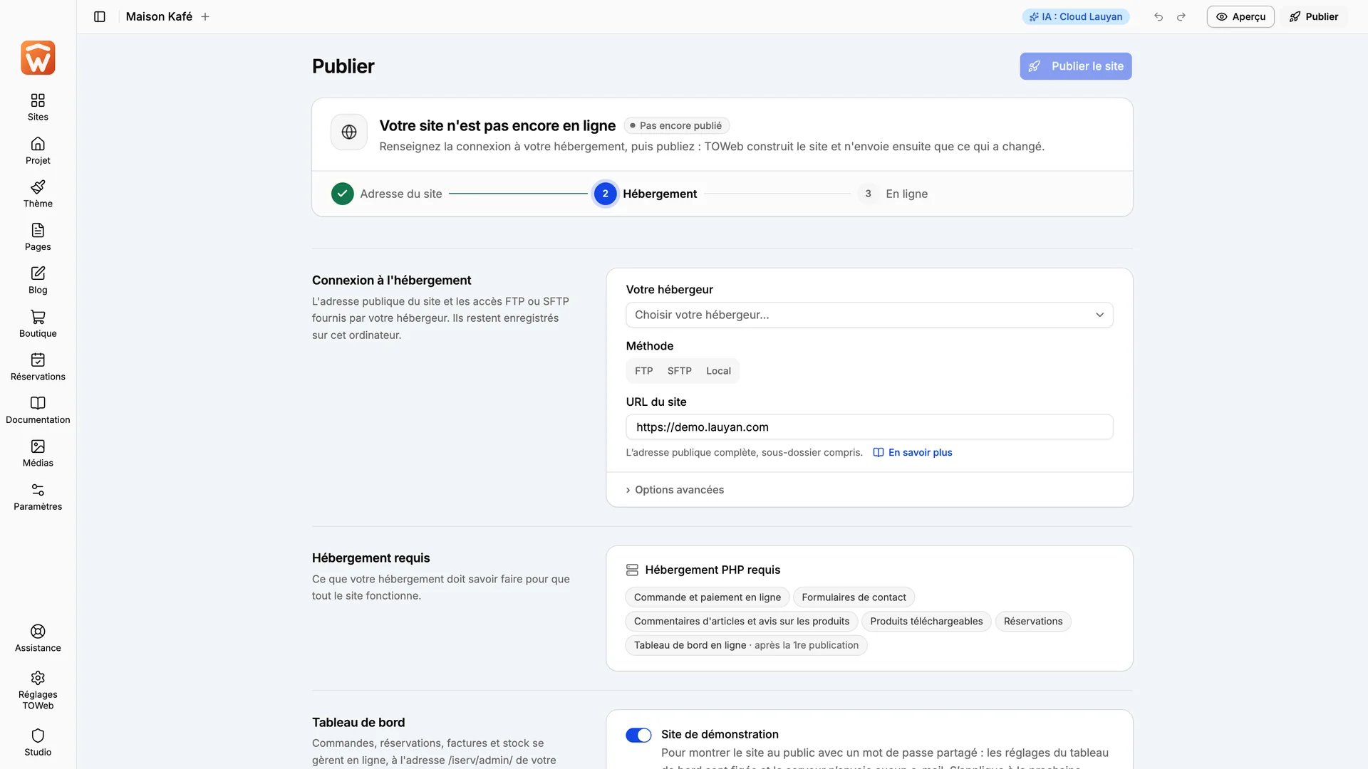 L’écran de publication de TOWeb 15.