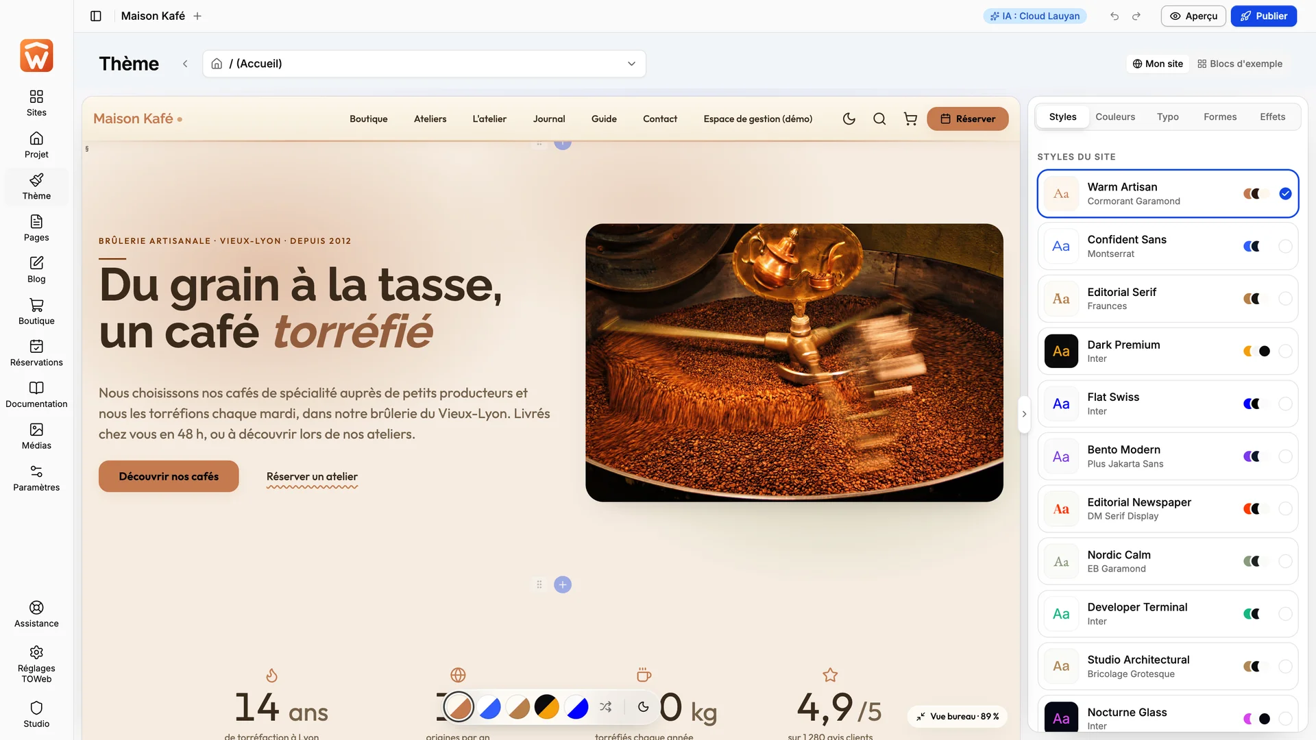 La galerie des styles de TOWeb 15, avec plusieurs aperçus de sites.