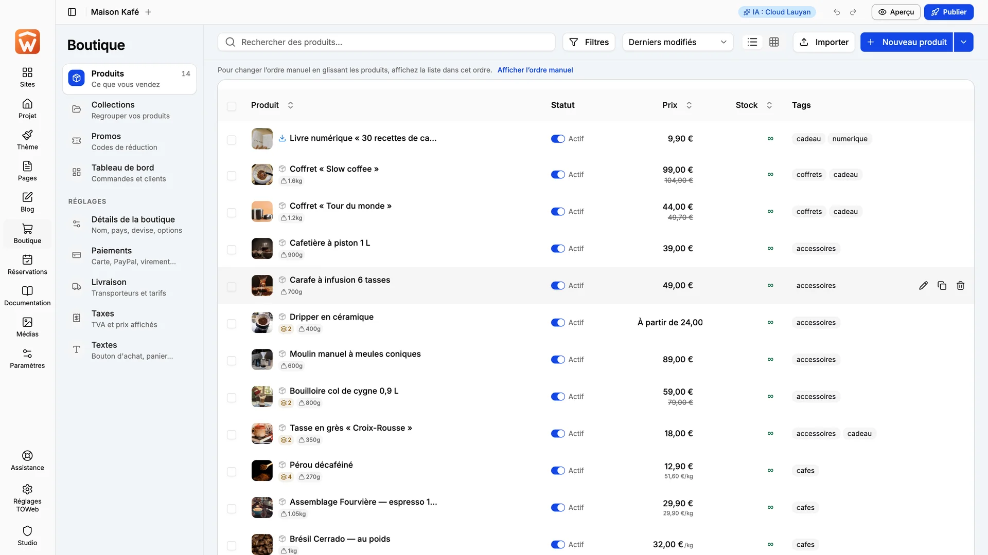 La liste des produits de la boutique dans TOWeb 15.