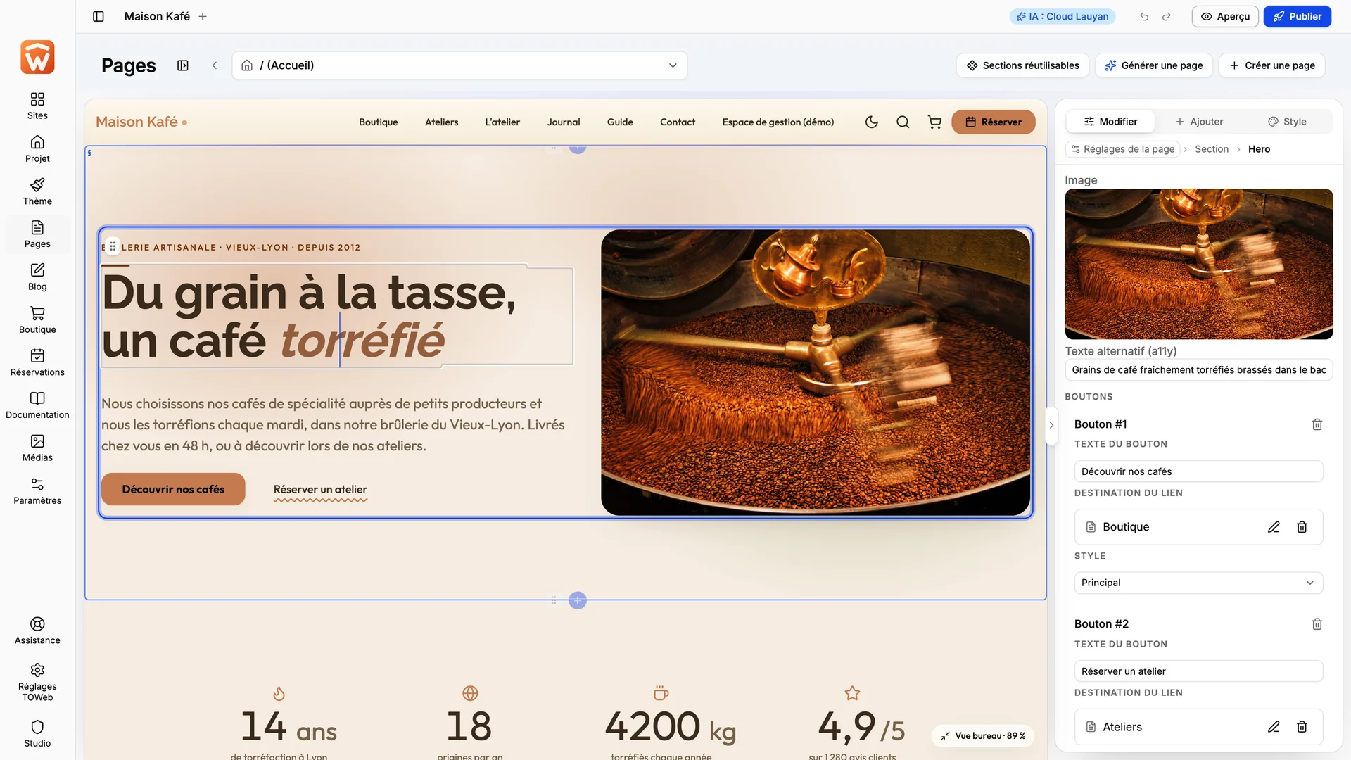 L’éditeur de TOWeb 15 sur Mac, avec la page d’accueil d’un site de café en cours de modification.