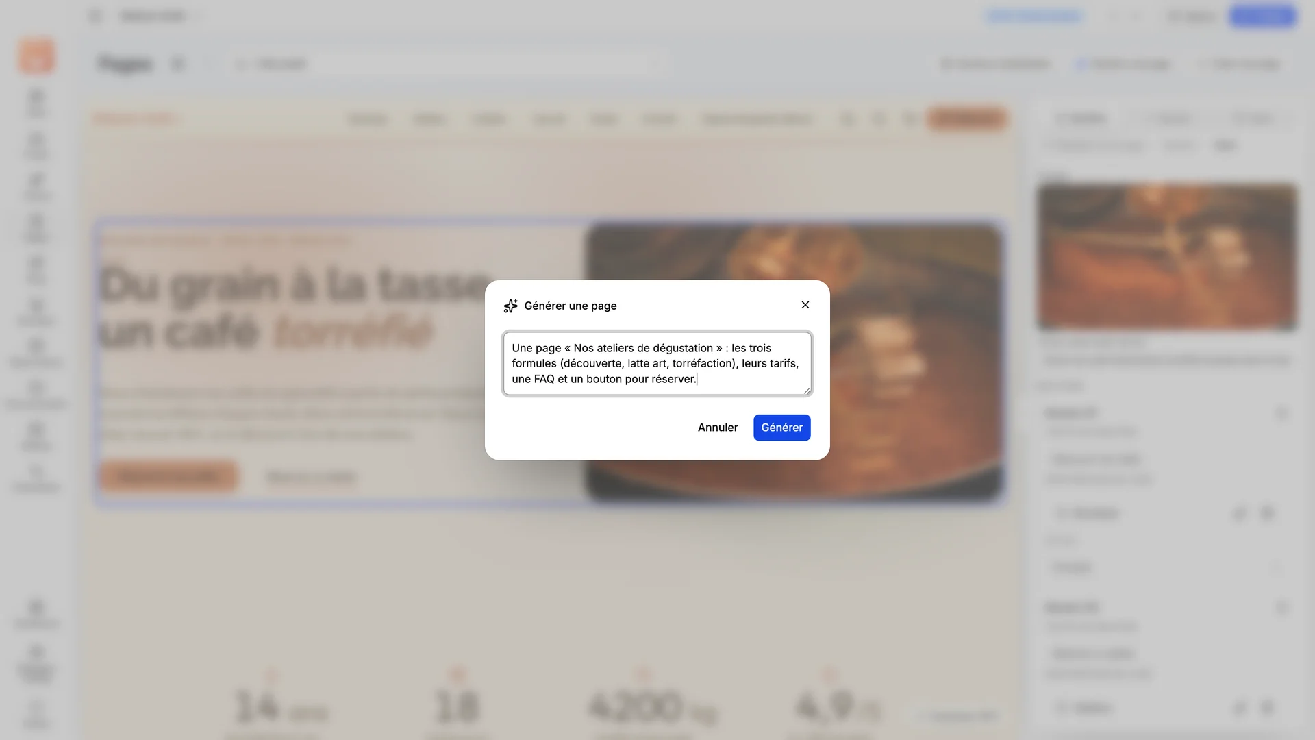 La fenêtre « Générer une page » de l’assistant IA de TOWeb 15.