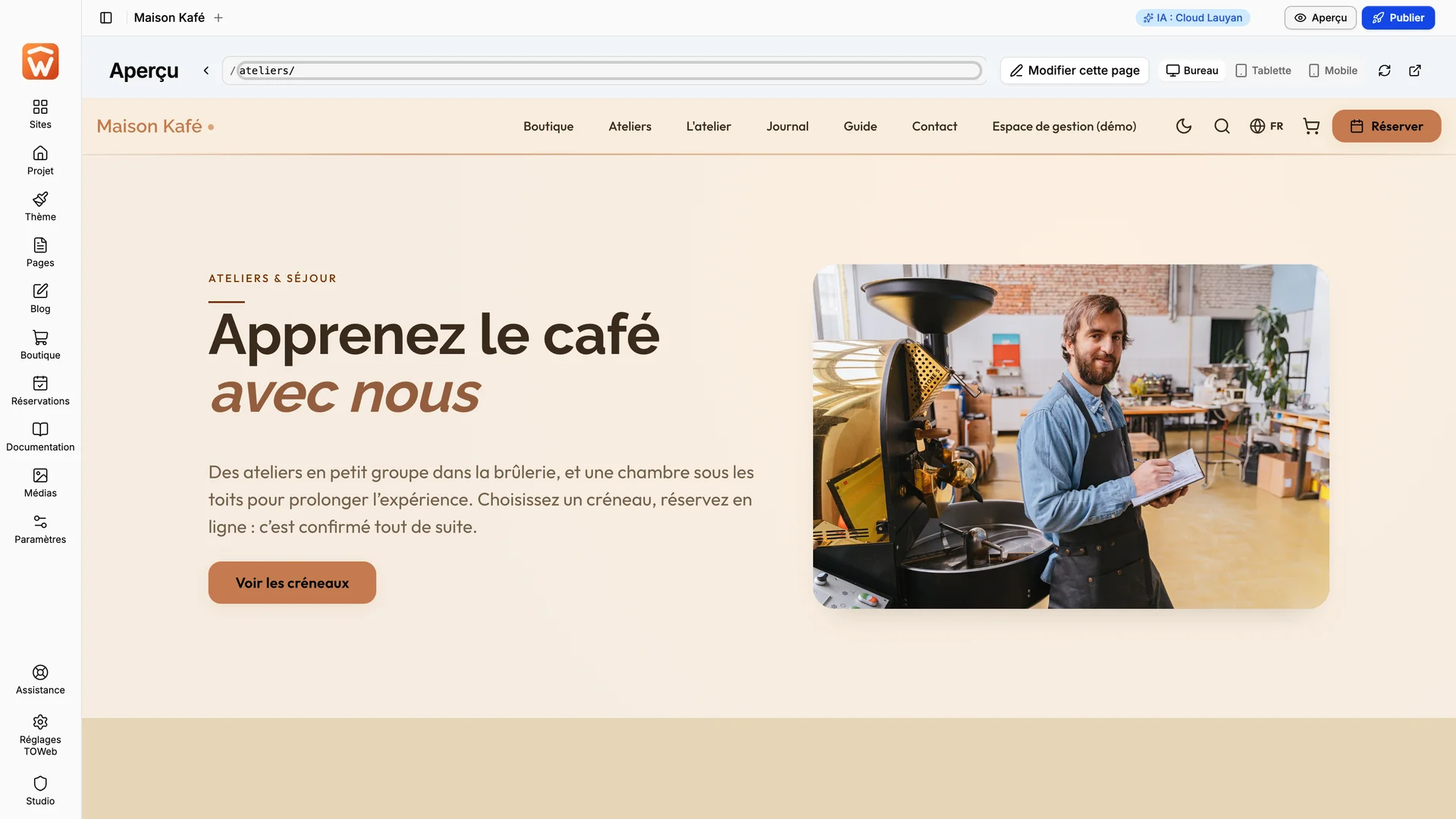 L’aperçu d’une page d’ateliers à réserver sur le site d’un café, dans TOWeb 15.