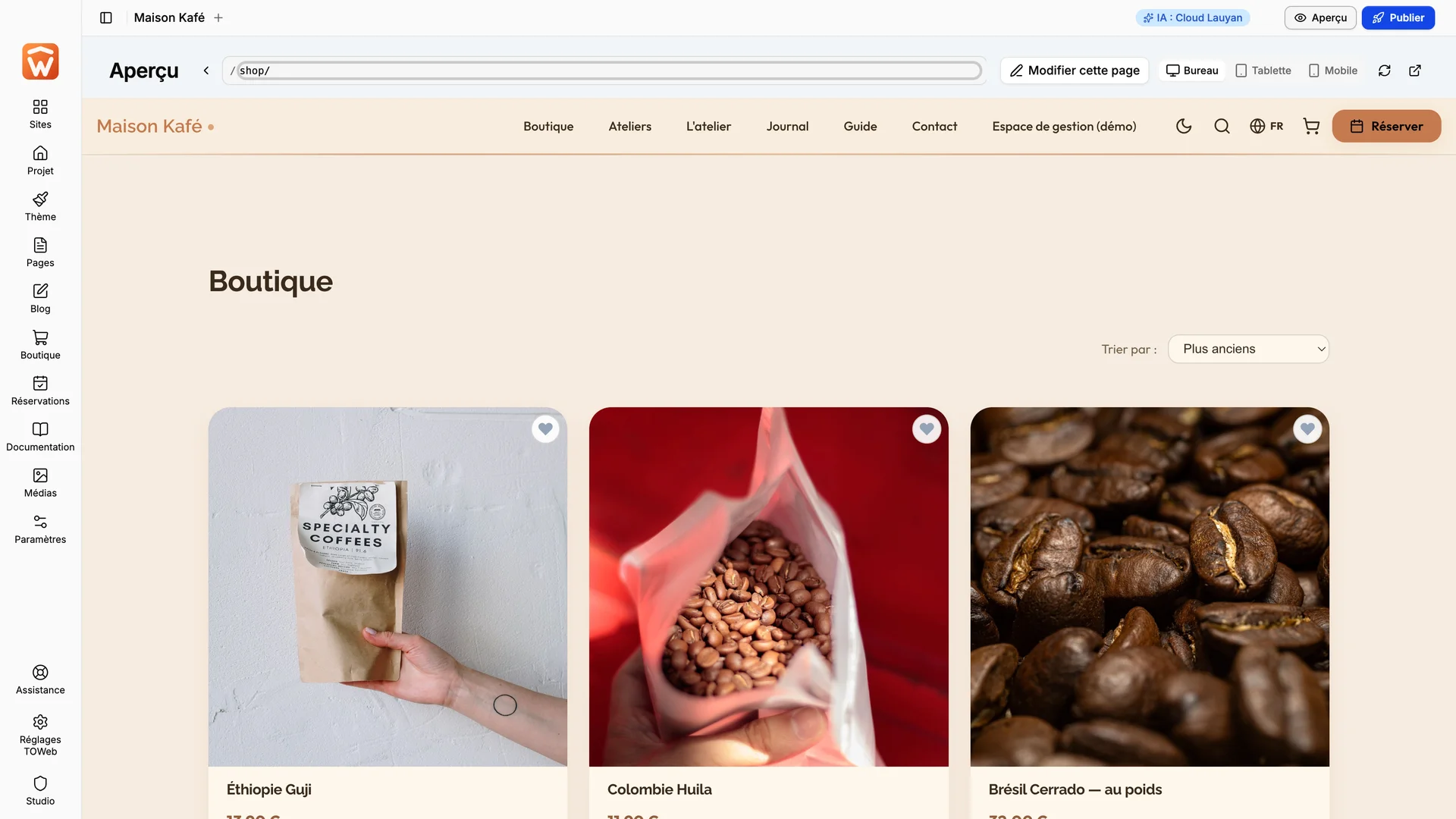 L’aperçu de la boutique d’un site de café dans TOWeb 15.