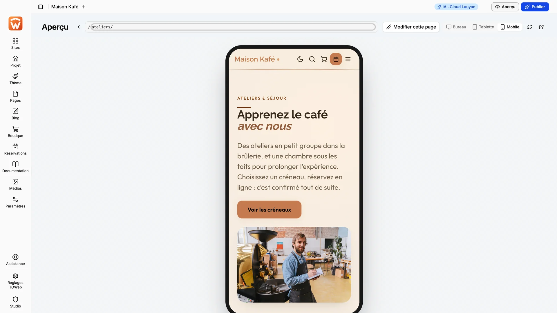 L’aperçu d’un site sur téléphone dans TOWeb 15.