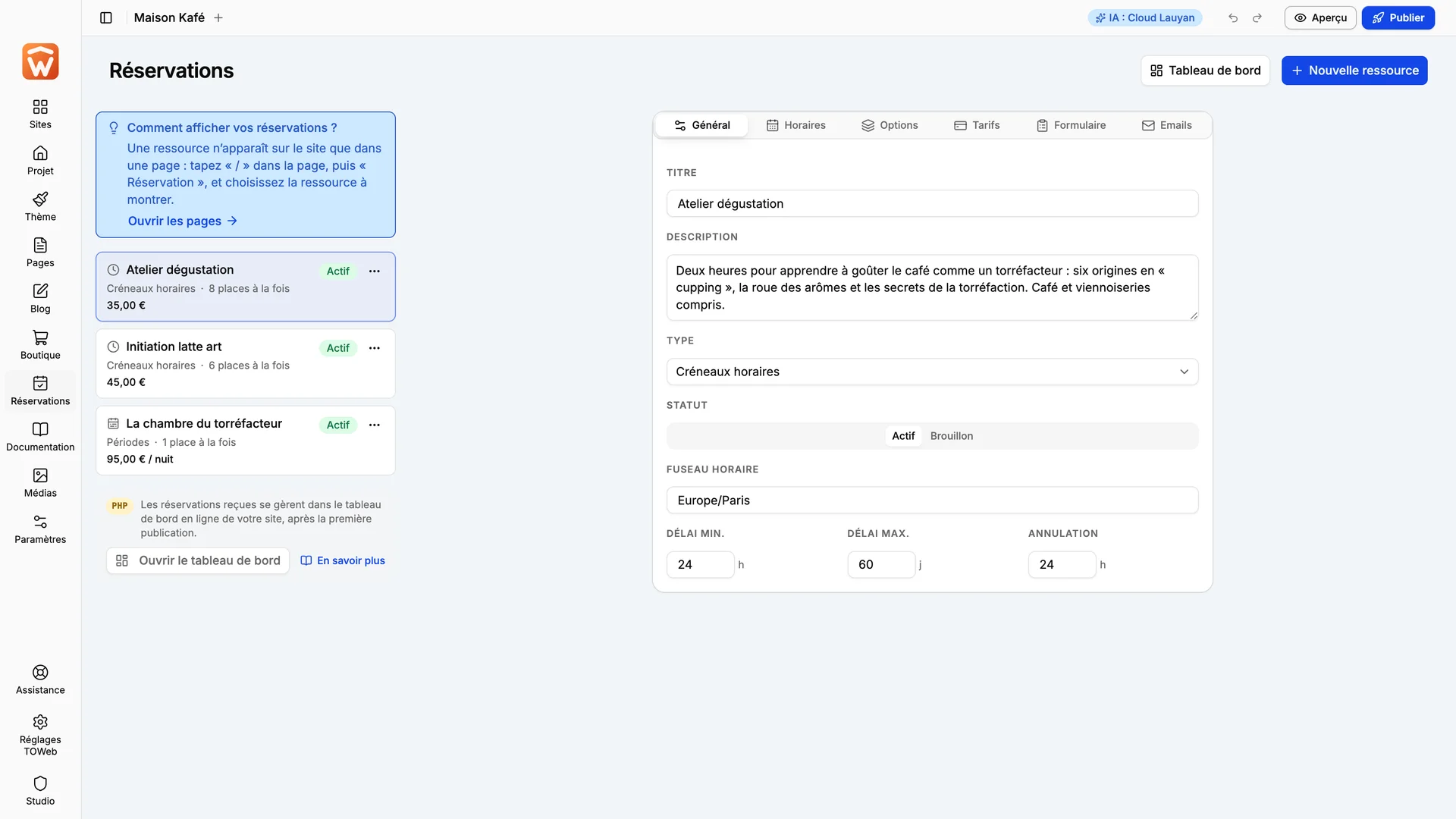 Le calendrier des réservations dans TOWeb 15.