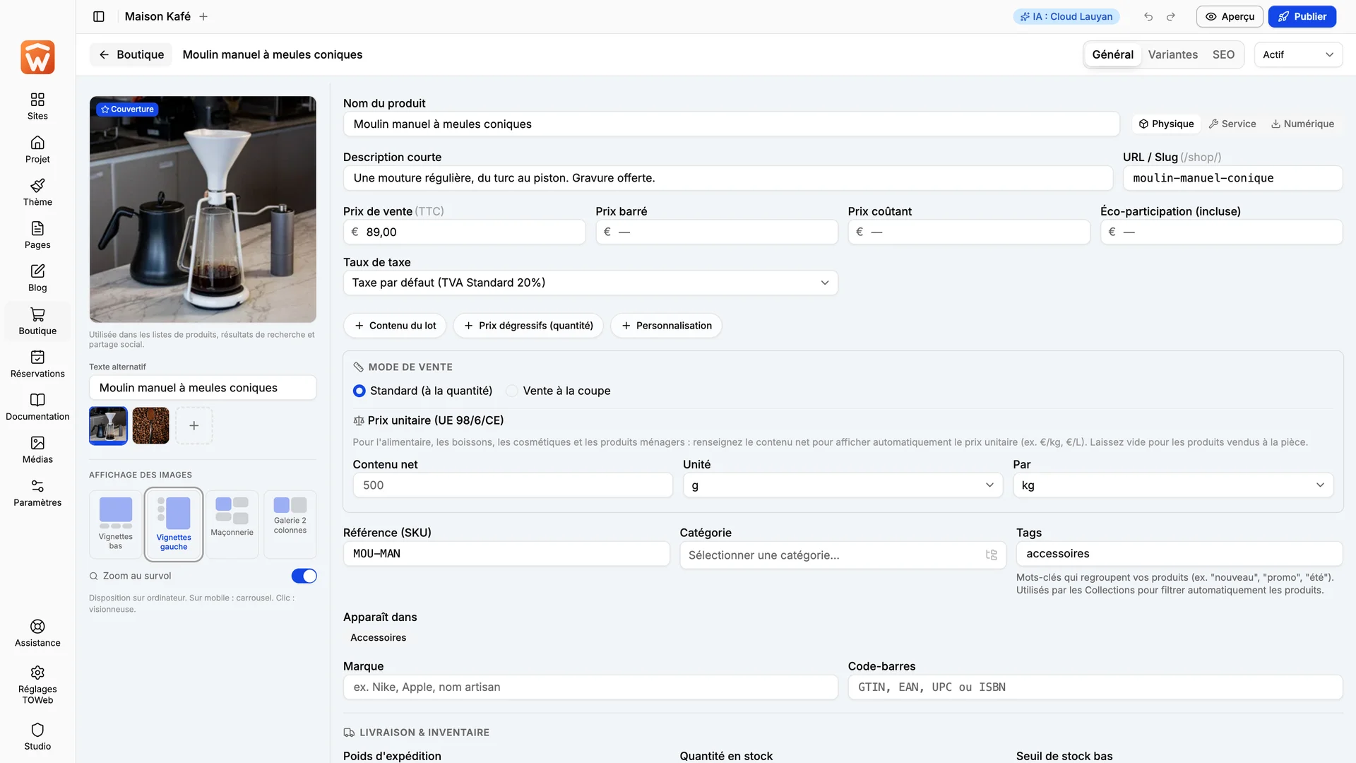 La fiche d’un produit en cours de modification dans TOWeb 15.