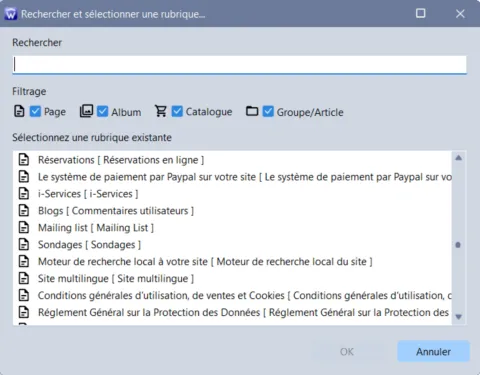 Recherche de page dans TOWeb